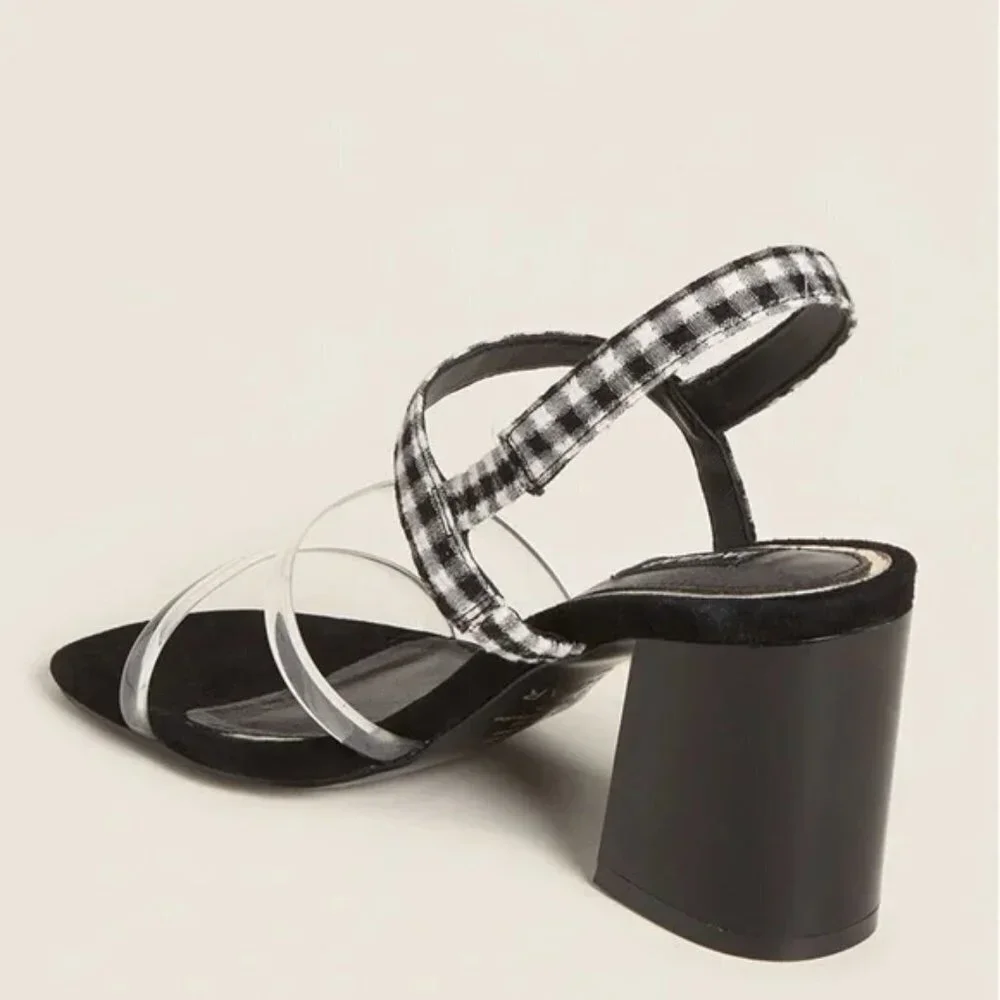 JAGGAR Black & White Candy Gingham Slingback Block Heel Summer Sandals